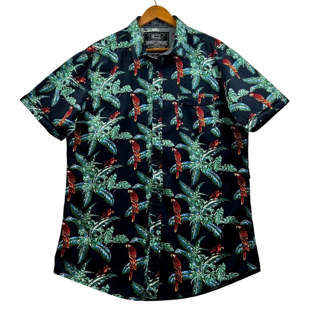 Broken Threads Tropical Parrot Shirt Mens XL Hawaiian Vacation Button-Up Summer